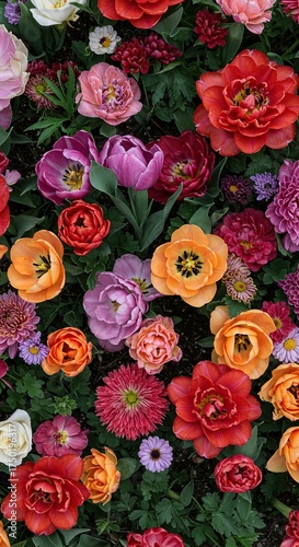 A vibrant tapestry of diverse blossoms creating a lush, picturesque scene, celebrating nature's opulent beauty. Delicate petals unfurl gracefully ,beauty ,garden ,park