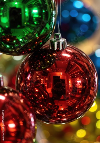 Close-up of multiple shiny, reflective ornaments creating a dazzling array of blurred light and vibrant colors, perfect for festive designs ,colors ,reflection ,baubles