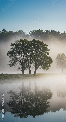 A serene, misty landscape where soft fog gently drapes over ancient trees and a still lake, creating a profound sense of tranquil peace ,landscape ,soft focus ,ethereal