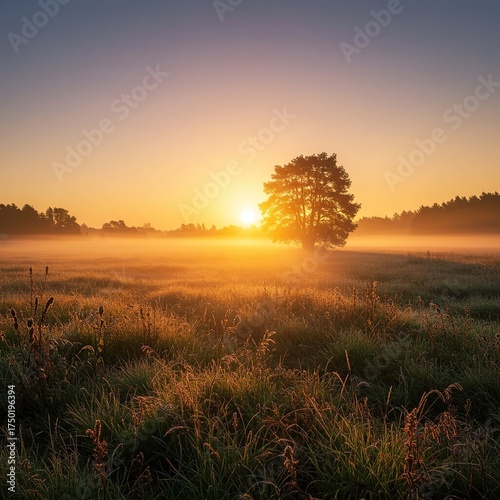 Golden light spills over a serene autumn landscape at dawn, highlighting harvest elements and a peaceful, tranquil morning scene ,scenic ,autumnal ,abundance