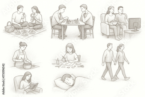 Pencil sketch illustration set of daily life moments picnic, chess, TV, cooking, art, walking, sleeping   