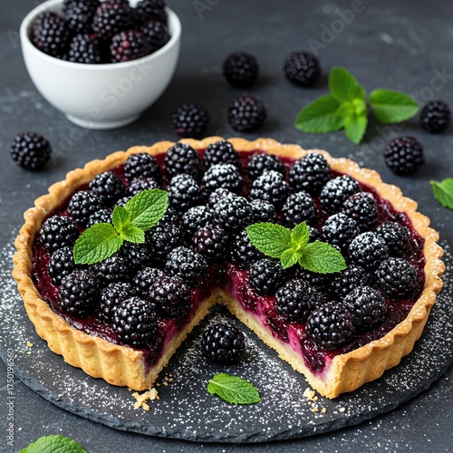 Sweet and tangy blackberry tart, elegantly garnished with fresh mint leaves and powdered sugar, ready for a delightful treat ,crust ,pastry ,photography