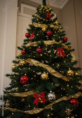 A beautifully decorated evergreen Christmas tree sparkling with festive lights and ornaments, creating a warm, joyful holiday atmosphere ,star ,December ,sparkle