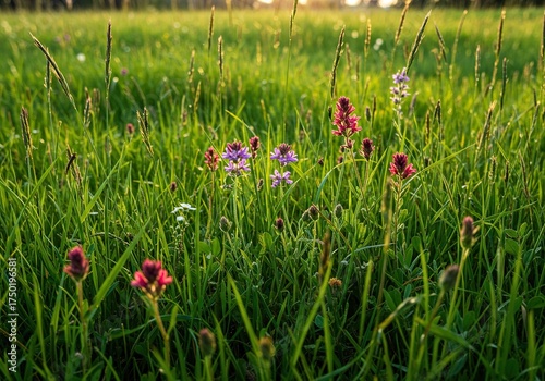 Vibrant wildflowers gently sway amongst lush green grass in a sun-drenched meadow, showcasing the beautiful harmony of nature's growth ,scenic ,bloom ,bright