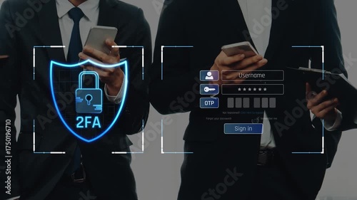 Business professionals utilize two-factor authentication technology for secure online access, ensuring data protection and safety in a modern corporate environment. Raster
