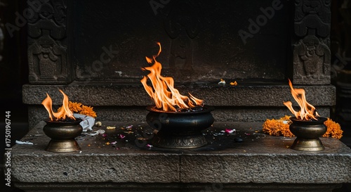 Ancient stone altar adorned with offerings, a vibrant, eternal flame burning brightly, representing sacred devotion and spiritual power ,devotion ,spiritual ,altar
