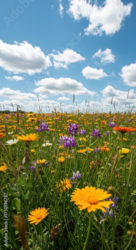 A vibrant meadow bursts with an abundance of colorful wild flowers under a bright sky, showcasing nature's untamed beauty in full bloom ,countryside ,untamed ,plant