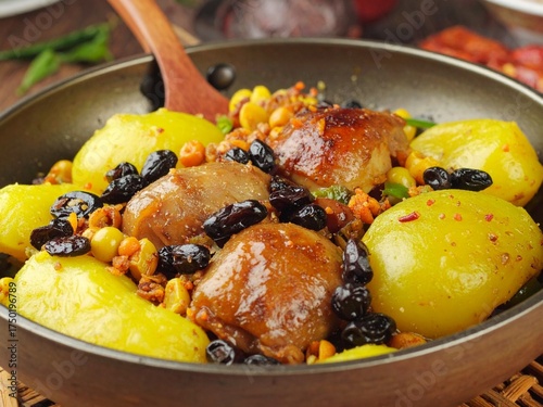 Rustic homemade Asian dish with potatoes and black beans – traditional comfort food
