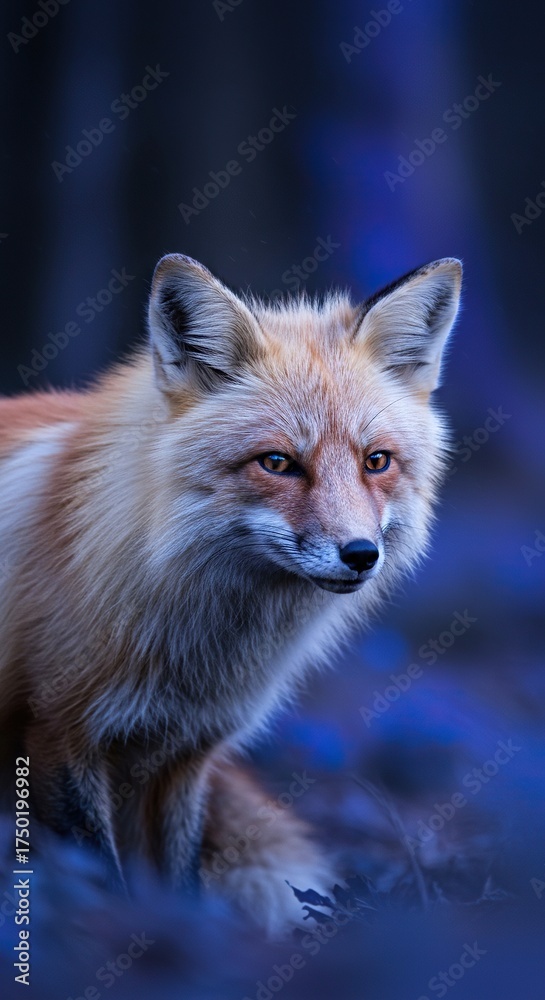 Obraz premium Vibrant blue fox gazing intently in a dreamlike forest, its fur shimmering with magical hues. A striking, unique wildlife image ,wild animal ,alert ,animal