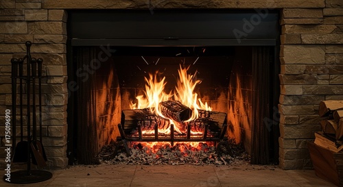 A cozy, crackling fire in a stone fireplace hearth, radiating warmth and comfort. Perfect for relaxation and home living ,hearth ,quiet ,rustic