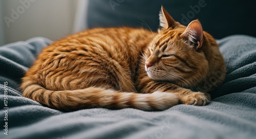 A fluffy ginger tabby cat is curled up peacefully, napping on a soft blanket, showcasing its serene and calm disposition. Cozy comfort ,animal ,cozy ,blanket