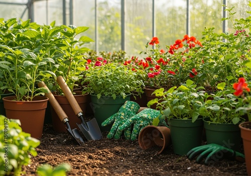Gardening tools rest beside vibrant plants thriving in a sun-drenched greenhouse, ready for careful cultivation and growth ,plants ,care ,sustainable