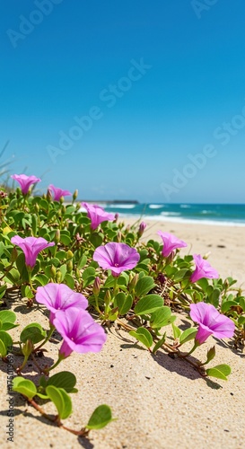Delicate pink and purple beach flowers thrive resiliently in the warm, sun-drenched coastal sand, showcasing nature's vibrant beauty by the ocean ,ocean ,environment ,purple