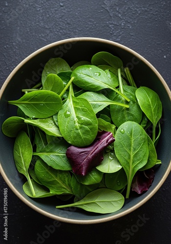 A vibrant and fresh mix of organic leafy greens, artfully arranged in a bowl, perfect for a healthy and nutritious meal ,spinach ,light ,wellbeing