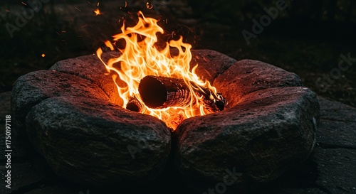 A vibrant inferno brightly illuminates a rugged, ancient stone fire pit, casting dramatic shadows and radiating intense warmth. Evokes primal energy ,night ,evening ,burning