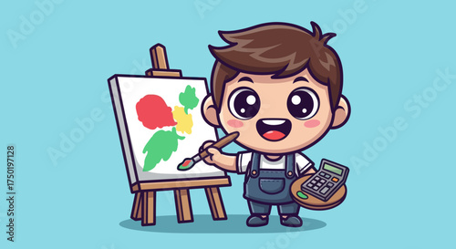 Tableau sur toile Cartoon artist with palette and paintbrush by an easel