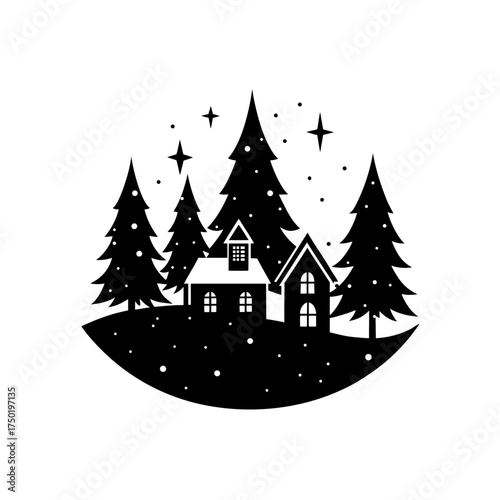 Winter scene with houses trees on transparent background
