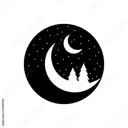 Night scene with moon and trees on transparent background