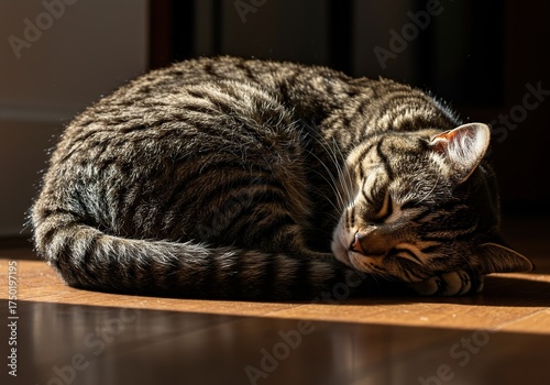 Serene house cat enjoying a peaceful afternoon nap, curled up in a warm sunbeam, embodying pure contentment and tranquility ,napping ,sweet ,rest