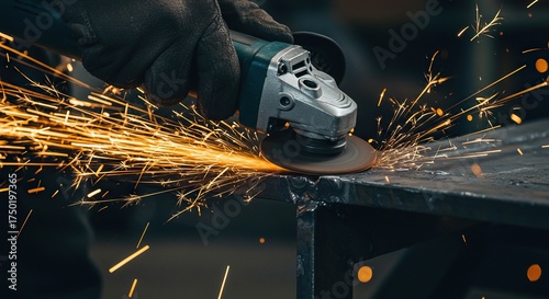 Close-up of an angle grinder actively smoothing a welded metal surface, creating a shower of brilliant sparks in an industrial workshop ,work ,metal fabrication ,skilled
