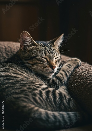 A peaceful feline enjoying a deep nap, curled up in a warm, cozy spot. This contented animal exemplifies ultimate relaxation and comfort ,calm ,tranquil ,kitten