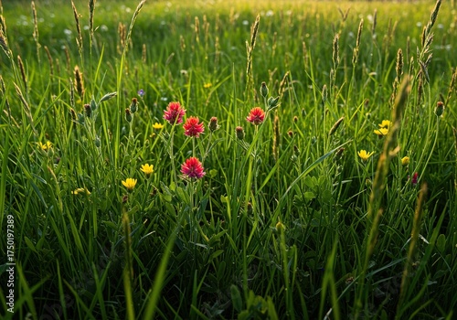 Vibrant wildflowers gently sway amongst lush green grass in a sun-drenched meadow, showcasing the beautiful harmony of nature's growth ,serene ,park ,green