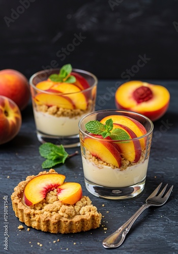 A delightful, refreshing dessert featuring sweet, ripe peaches, perhaps a tart or crumble, artfully arranged for a summer indulgence ,comforting ,delicious ,bright