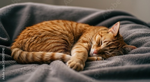 A beautiful ginger tabby cat is peacefully curled up and sound asleep on a plush, warm blanket, showcasing ultimate relaxation ,serene ,orange ,rest