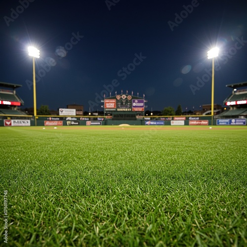Pristine, freshly cut baseball outfield grass glows under the bright stadium lights, meticulously maintained and ready for championship play ,green ,sport ,nature