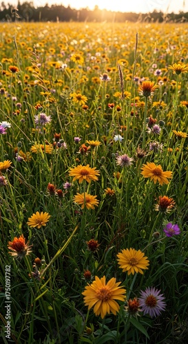 Vibrant field of diverse wildflowers blooming under a warm sun, showcasing nature's untamed beauty and delicate artistry ,organic ,colorful ,vibrant