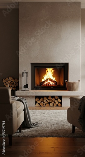A tranquil scene unfolds around a warm, glowing fireplace, offering ultimate comfort and serene domestic bliss ,coziness ,safe ,comfort