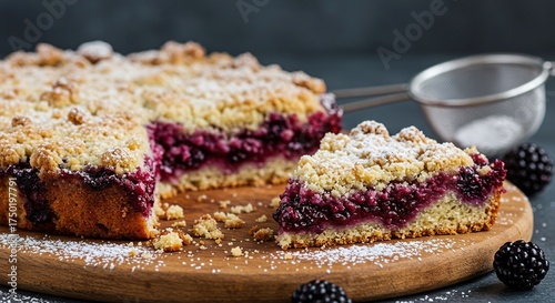 Delicious blackberry crumble baked to perfection, dusted with powdered sugar, showcasing rich purple fruit and golden crust beautifully ,golden ,sugar ,food