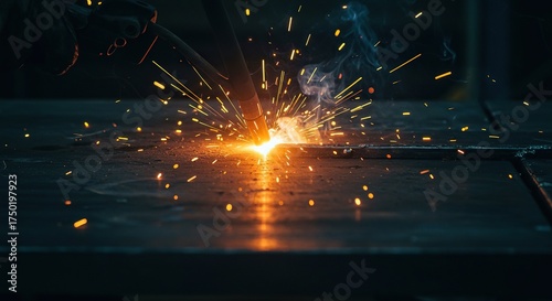 Intense bright arc illuminates a gray metal surface during a welding process, generating a shower of hot sparks in an industrial workshop ,gritting ,close up ,technology
