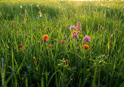 Vibrant wildflowers gently sway amongst lush green grass in a sun-drenched meadow, showcasing the beautiful harmony of nature's growth ,texture ,vibrant ,peaceful