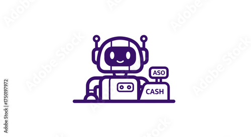 Foto Cute purple robot cashier with ASO sign