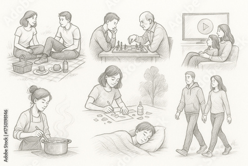 Pencil sketch illustration set of daily life moments picnic, chess, TV, cooking, art, walking, sleeping   