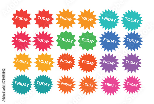 Colorful Friday and Today Labels Stickers Arranged on White Background