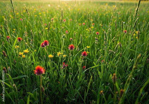 Vibrant wildflowers gently sway amongst lush green grass in a sun-drenched meadow, showcasing the beautiful harmony of nature's growth ,detail ,blossoming ,fresh