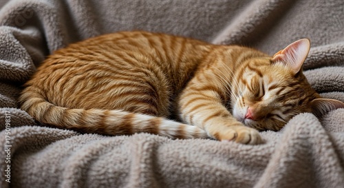 A beautiful ginger tabby cat is peacefully curled up and sound asleep on a plush, warm blanket, showcasing ultimate relaxation ,peaceful ,warm ,mammal