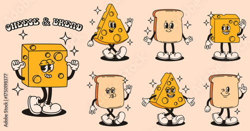 Set of groovy cheese and bread characters. Flat vector illustration.