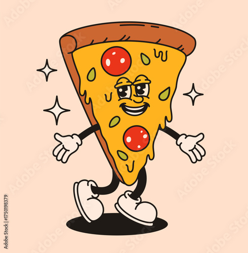 Groovy pizza pepperoni character. Flat vector illustration.