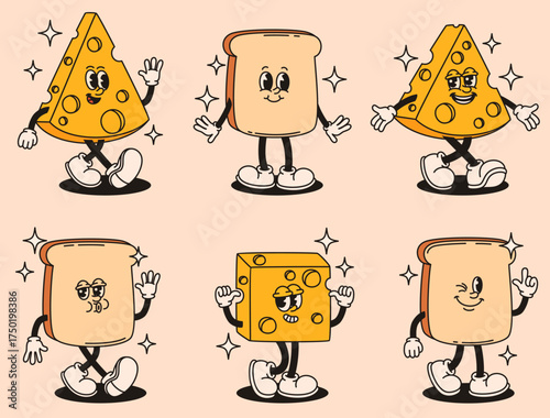 Set of cute groovy cheese and bread characters in retro style. Flat vector illustration.
