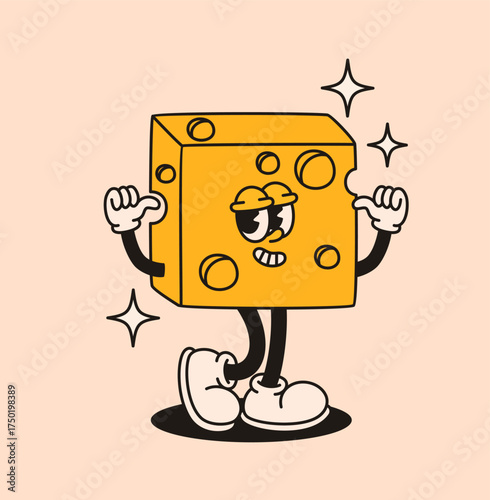 Cute groovy cheese character in retro style. Flat vector illustration.