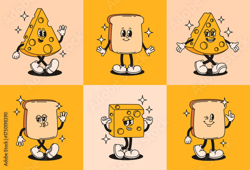 Set of groovy cheese and bread characters in retro style. Flat vector illustration.