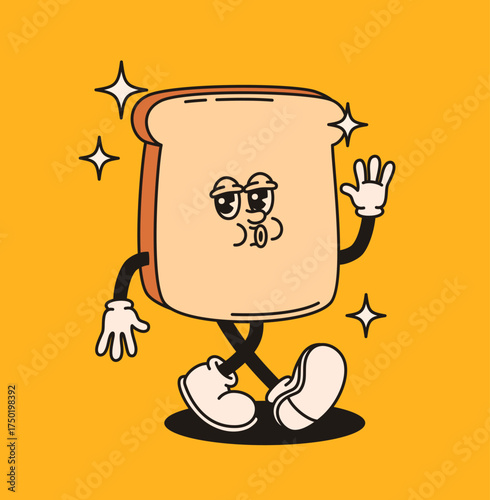Groovy piece of bread character in retro style. Flat vector illustration.