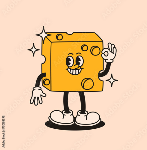Groovy cheese cube character in retro style. Flat vector illustration.