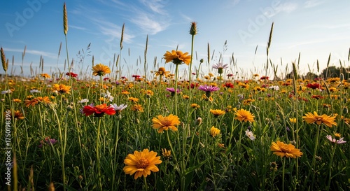 A vibrant meadow filled with colorful wild flowers swaying gently in the summer breeze under a clear sky, showcasing nature's beauty ,delicate ,blossom ,outdoors