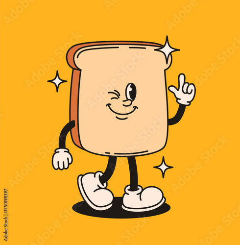 Groovy piece of bread character. Flat vector illustration.