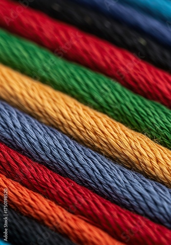 Detailed close-up showing vibrant embroidery threads carefully arranged and ready for needlework on fabric, emphasizing texture and craft ,concentration ,detailed ,design element