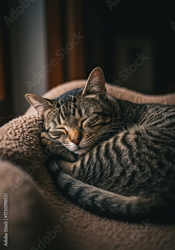 A peaceful feline enjoying a deep nap, curled up in a warm, cozy spot. This contented animal exemplifies ultimate relaxation and comfort ,furry ,comfort ,sleeping